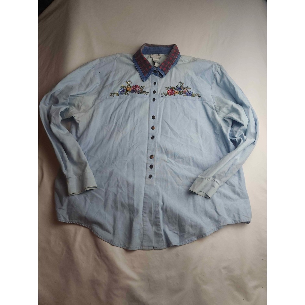 Stephanie K Koret Vintage Floral Embroidered Plaid Collar Shirt XL Blue Womens